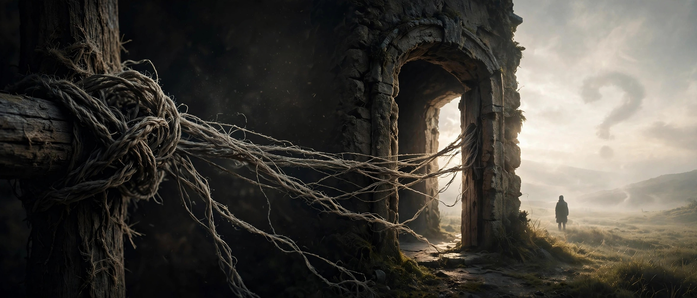 Concept artwork of a loosened thread reaching an open doorway with a quiet figure beyond