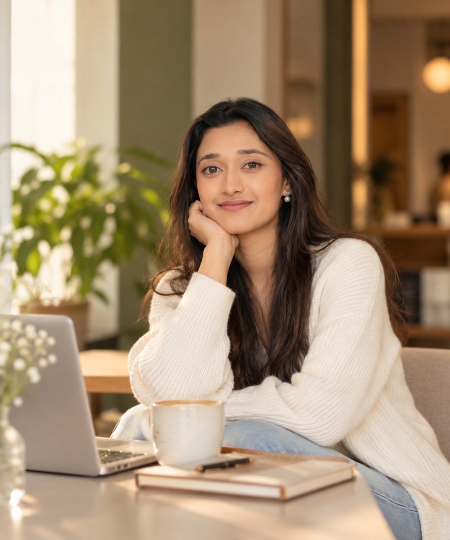 Rojina Khadka, founder of The Unwritten Door, seated at a table in warm light